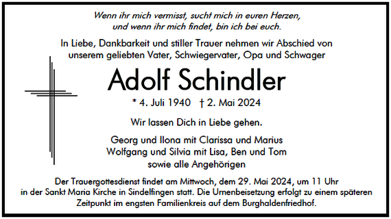 Traueranzeige Adolf Schindler